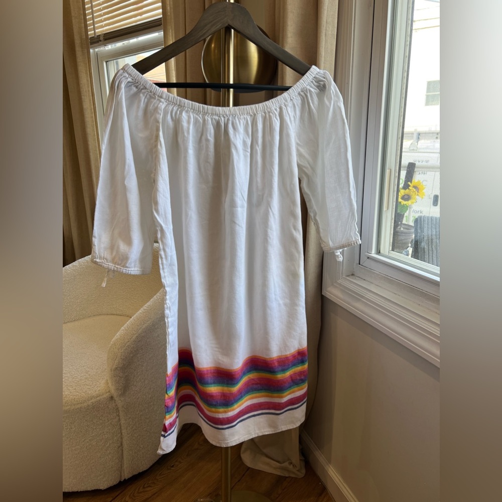 J Crew Linen Midi Dress White Rainbow Stripe | Large - Picture 1 of 10